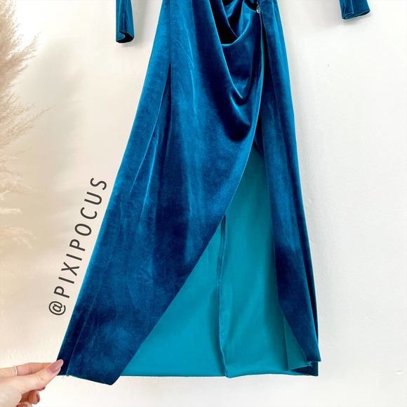 ZARA VELVET JEWEL BUTTON RUCHED MIDI DRESS BLUE - Picture 10 of 12